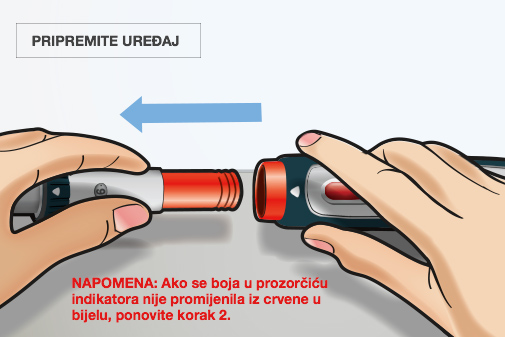 Važnoj je napomenuti da trebate ponoviti korak 2. ako se boja prozorčića indikatora nije promijenila iz crvene u bijelu. Ne prelazite na sljedeći korak ako je boja prozorčića indikatora crvena.
			Nakon što je uređaj pripremljen, spremni ste za korak 3. u kojem ćete štrcaljku staviti u autoinjektor.