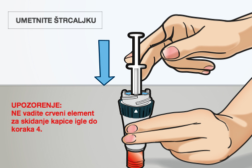 Važno je da do koraka 4. ne vadite crveni element za skidanje kapice igle.