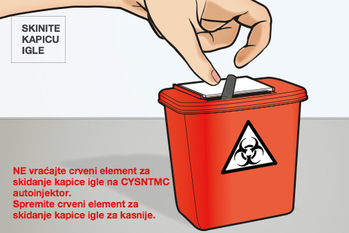 Važno je da ne vraćate crveni element za skidanje kapice igle na CYSNCTM autoinjektor te da ga spremite za kasnije.
			Sada možemo prijeći na korak 5. – kako aplicirati dozu lijeka. 