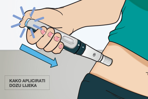 Držeći CSYNC™ autoinjektor u stanju pripravnosti, gurnite plavi gumb za injekciju da biste započeli primjenu injekcije. Čut ćete prvi klik nakon što počne primjena injekcije.