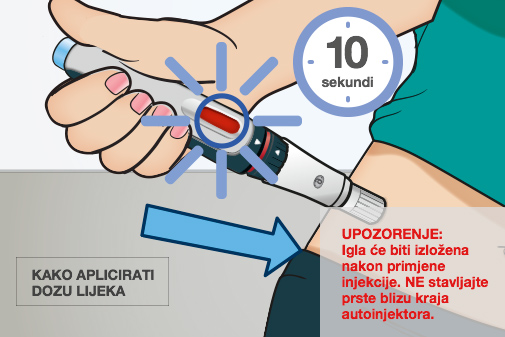Budite pažljivi jer će igla biti izložena nakon primjene injekcije. Ne smijete stavljati prste blizu kraja CSYNC™ autoinjektora.
			Nakon što završite primjenu injekcije, možete prijeći na korak 6. – što učiniti nakon primjene injekcije.