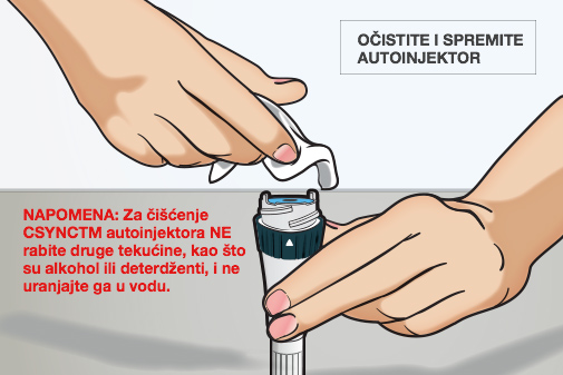 Za čišćenje CSYNC™ autoinjektora ne rabite druge tekućine, kao što su alkohol ili deterdženti, i ne uranjajte ga u vodu.