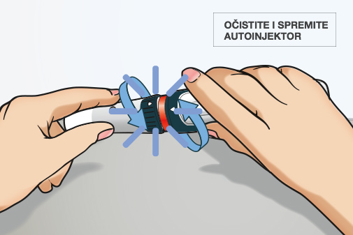 Ponovo pričvrstite držač štrcaljke i tijelo uređaja te gurajte crveni element za skidanje kapice igle u CSYNC™ autoinjektor dok ne čujete klik.