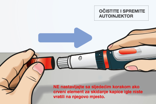 Važno je crveni element za skidanje kapice igle vratiti na CSYNC™ autoinjektor prije nego što nastavite. NE nastavljajte sa sljedećim korakom ako crveni element za skidanje kapice igle niste vratili na njegovo mjesto.